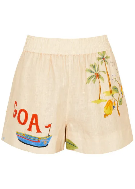 Rhode Resort Cream Kina "Goa" Printed Linen Shorts UK L