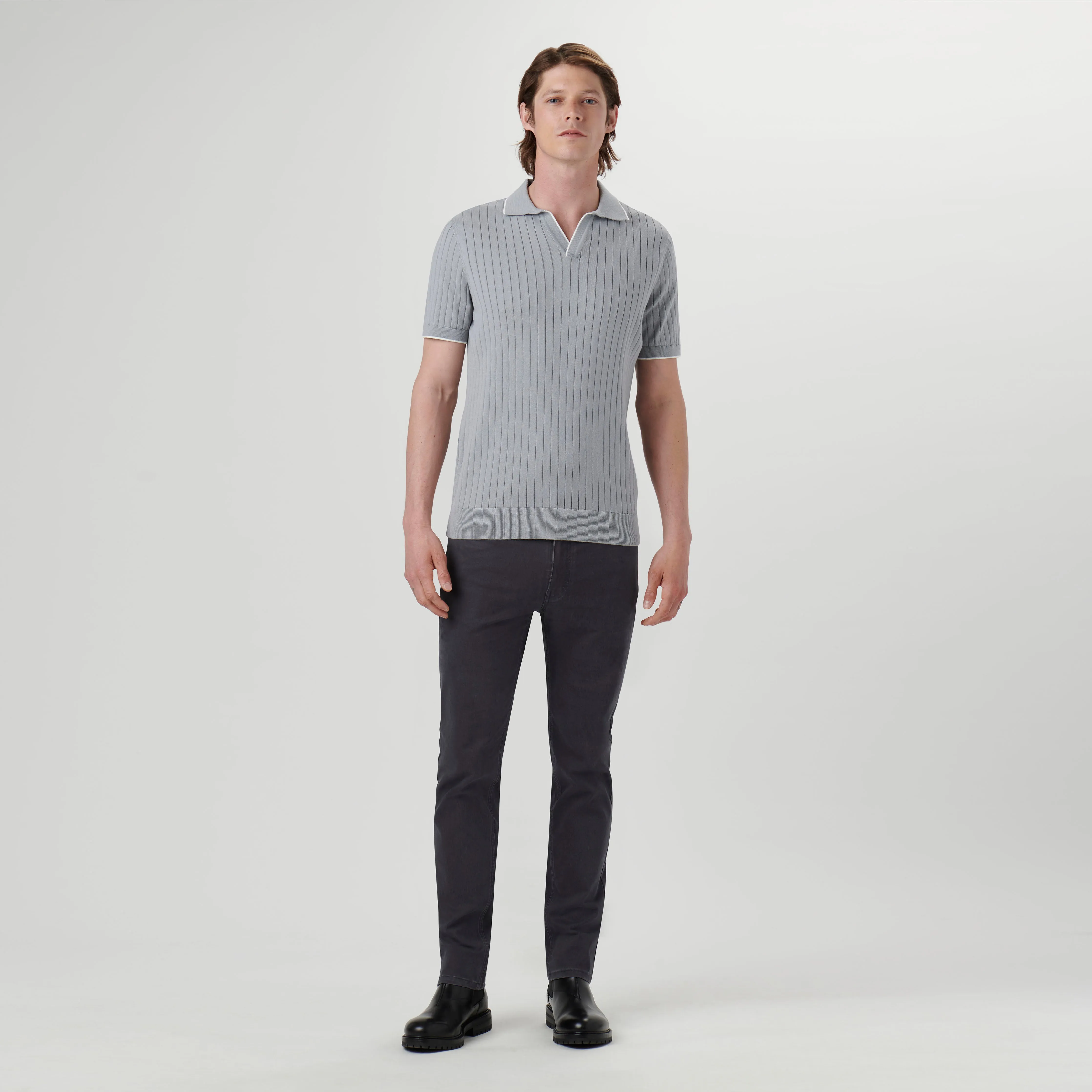 Rib Knit Short Sleeve Johnny Collar Sweater