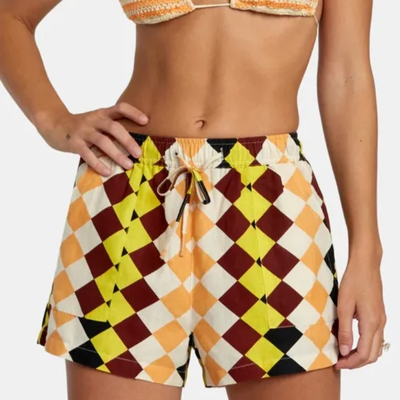 RVCA NWT Greenpacha Cusco Diamond Print Elastic Waist Shorts XS $78