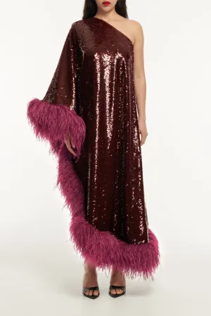 Sequin Midi Dress w/ Feathers | Maroon