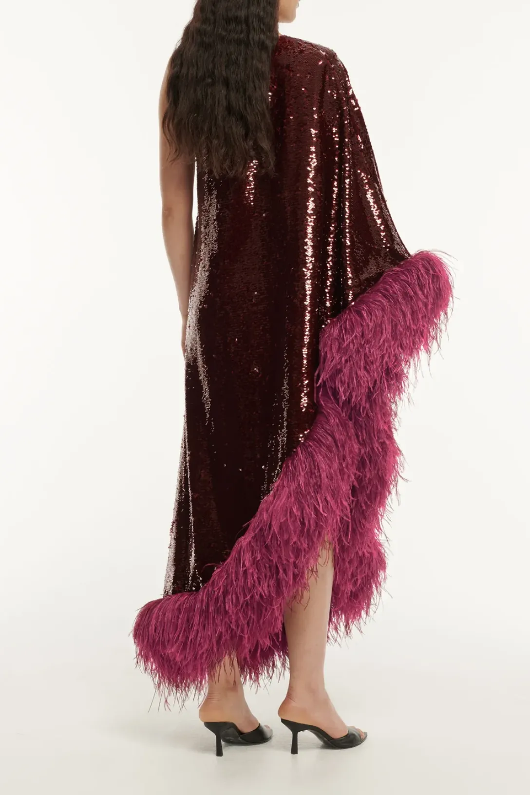 Sequin Midi Dress w/ Feathers | Maroon