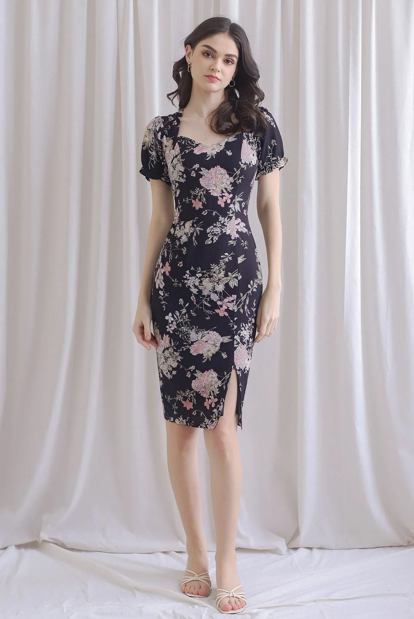 TDC Enola Diamond Neck Zip Slit Dress In Black Floral