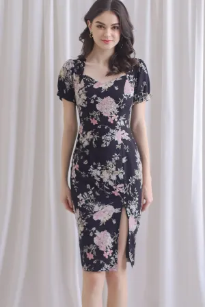 TDC Enola Diamond Neck Zip Slit Dress In Black Floral