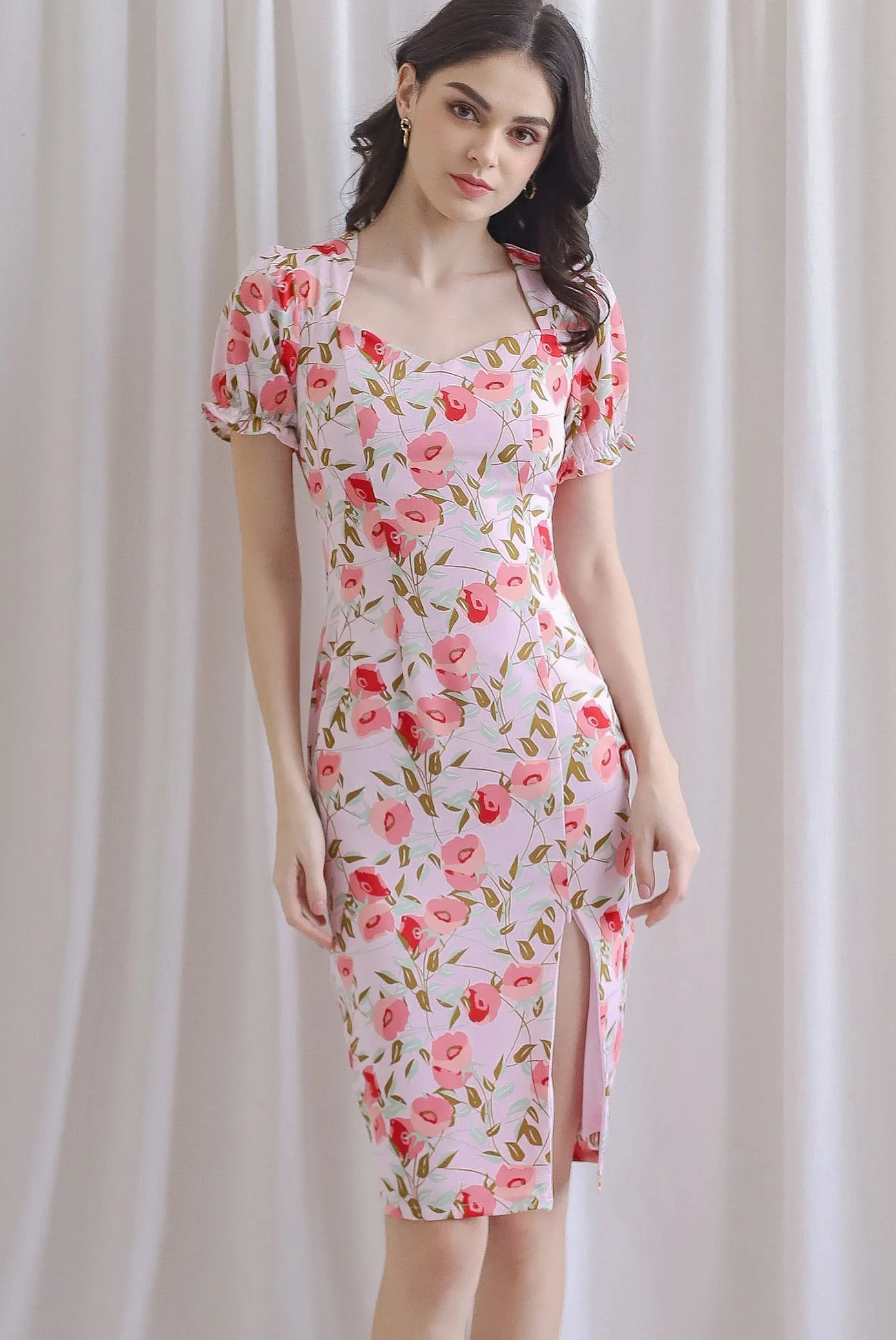 TDC Enola Diamond Neck Zip Slit Dress In Pink Floral