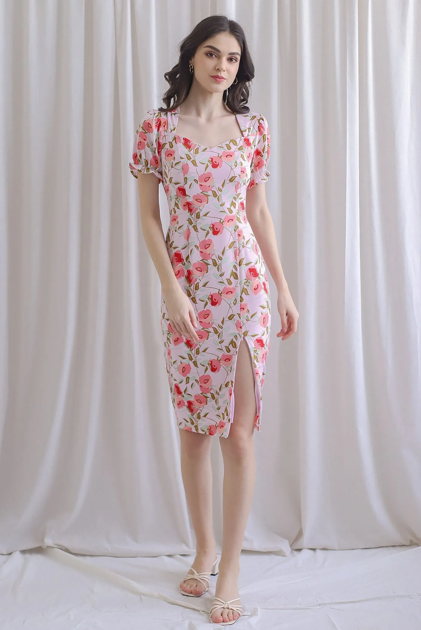 TDC Enola Diamond Neck Zip Slit Dress In Pink Floral