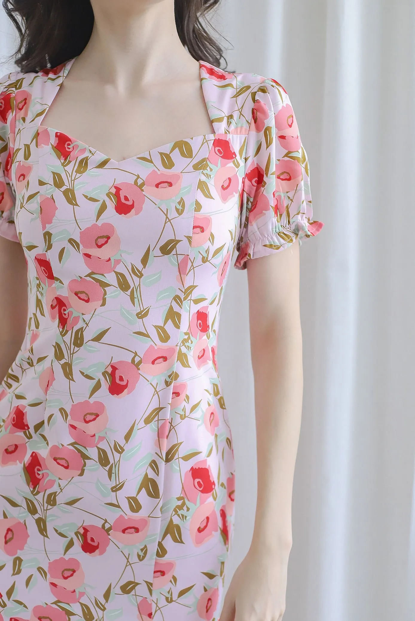 TDC Enola Diamond Neck Zip Slit Dress In Pink Floral
