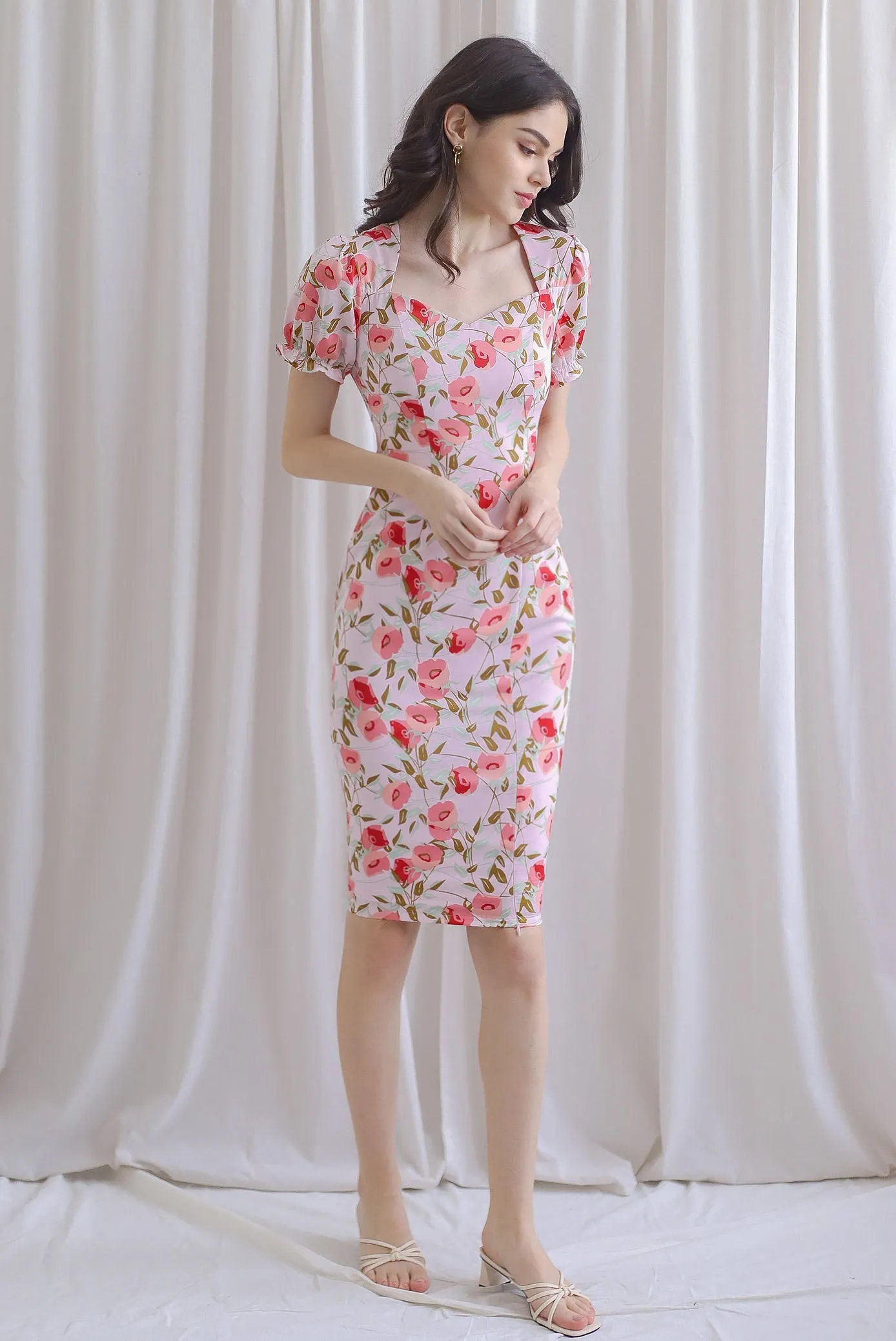 TDC Enola Diamond Neck Zip Slit Dress In Pink Floral