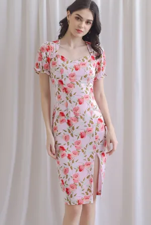 TDC Enola Diamond Neck Zip Slit Dress In Pink Floral