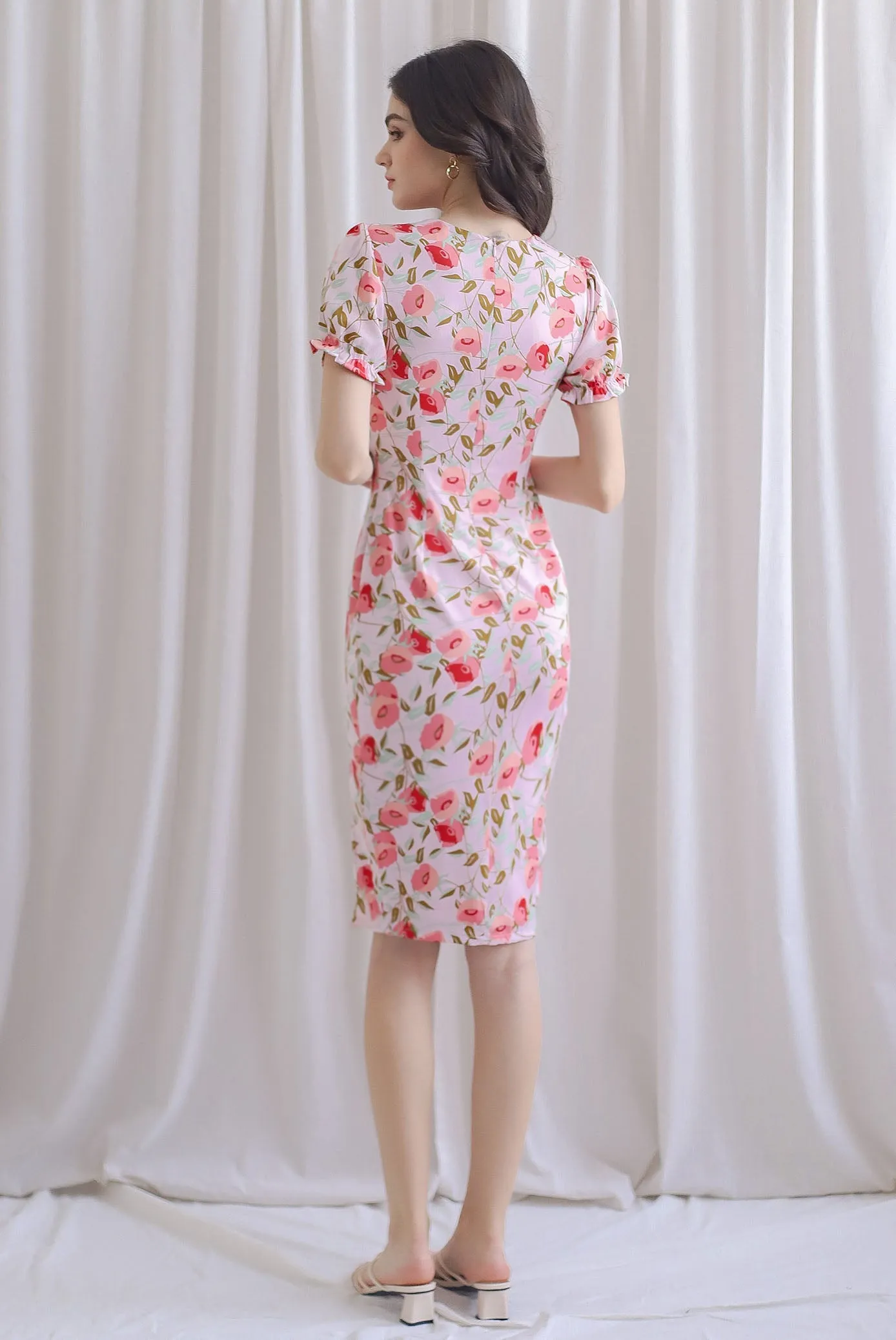 TDC Enola Diamond Neck Zip Slit Dress In Pink Floral