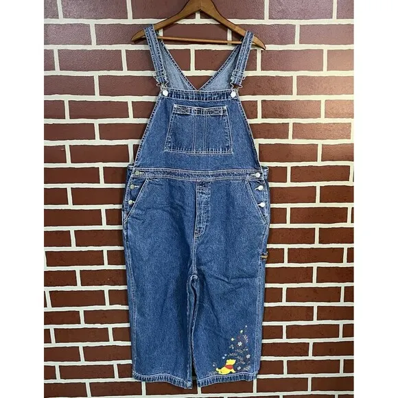 Vintage 90s Disney Winnie The Pooh Women XL Print Cropped Wide Leg Bib Overalls