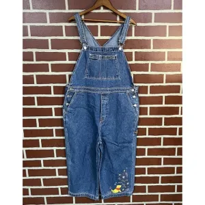 Vintage 90s Disney Winnie The Pooh Women XL Print Cropped Wide Leg Bib Overalls