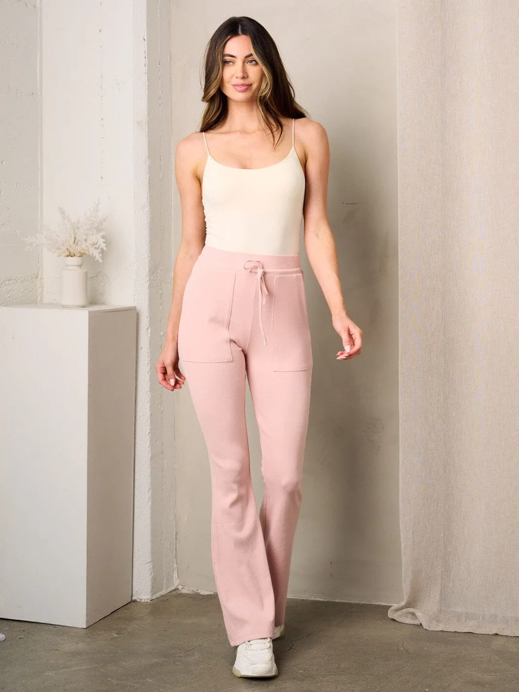 WOMEN'S ELASTIC WAIST POCKETS WIDE LEG PANTS