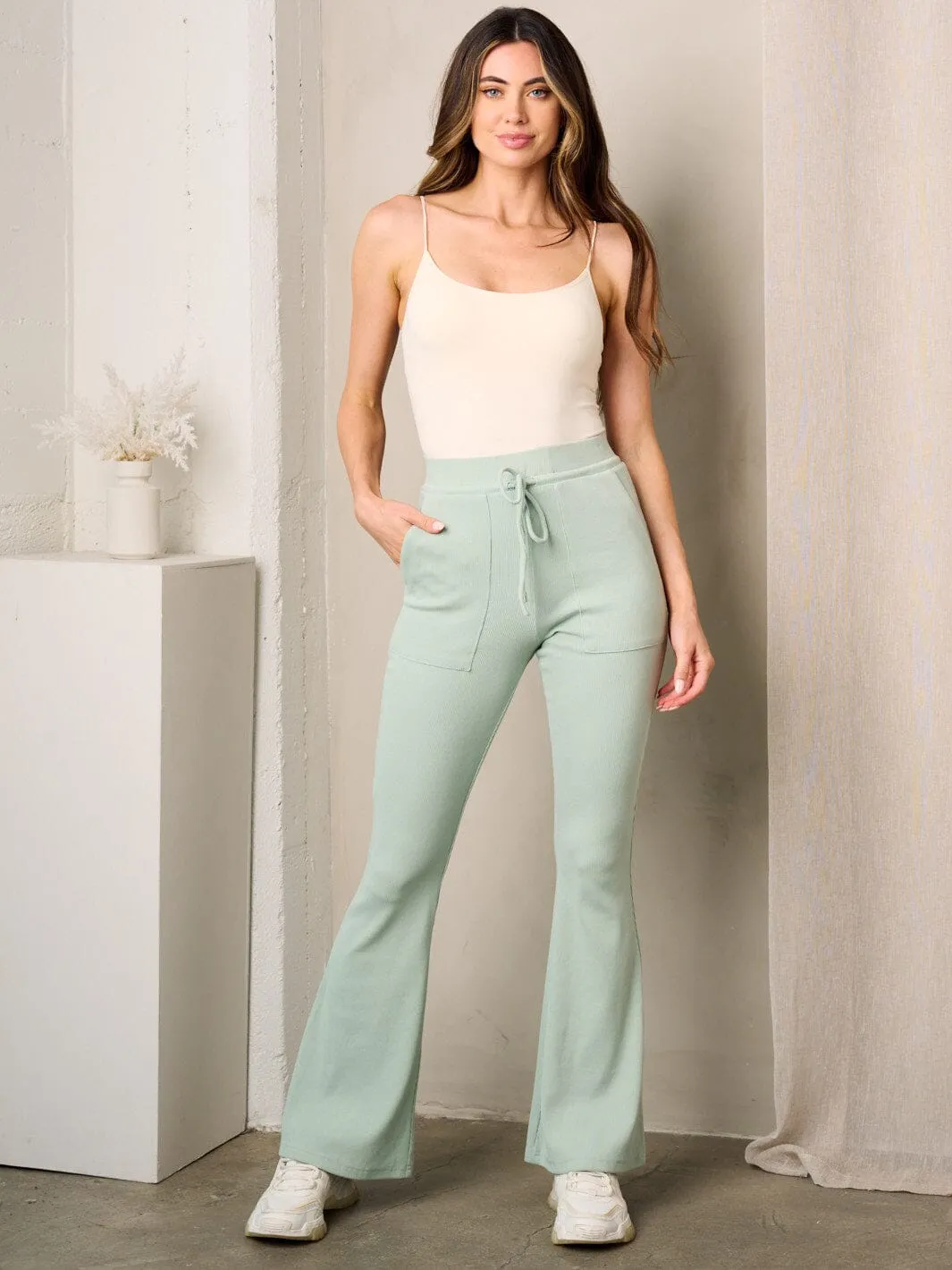 WOMEN'S ELASTIC WAIST POCKETS WIDE LEG PANTS