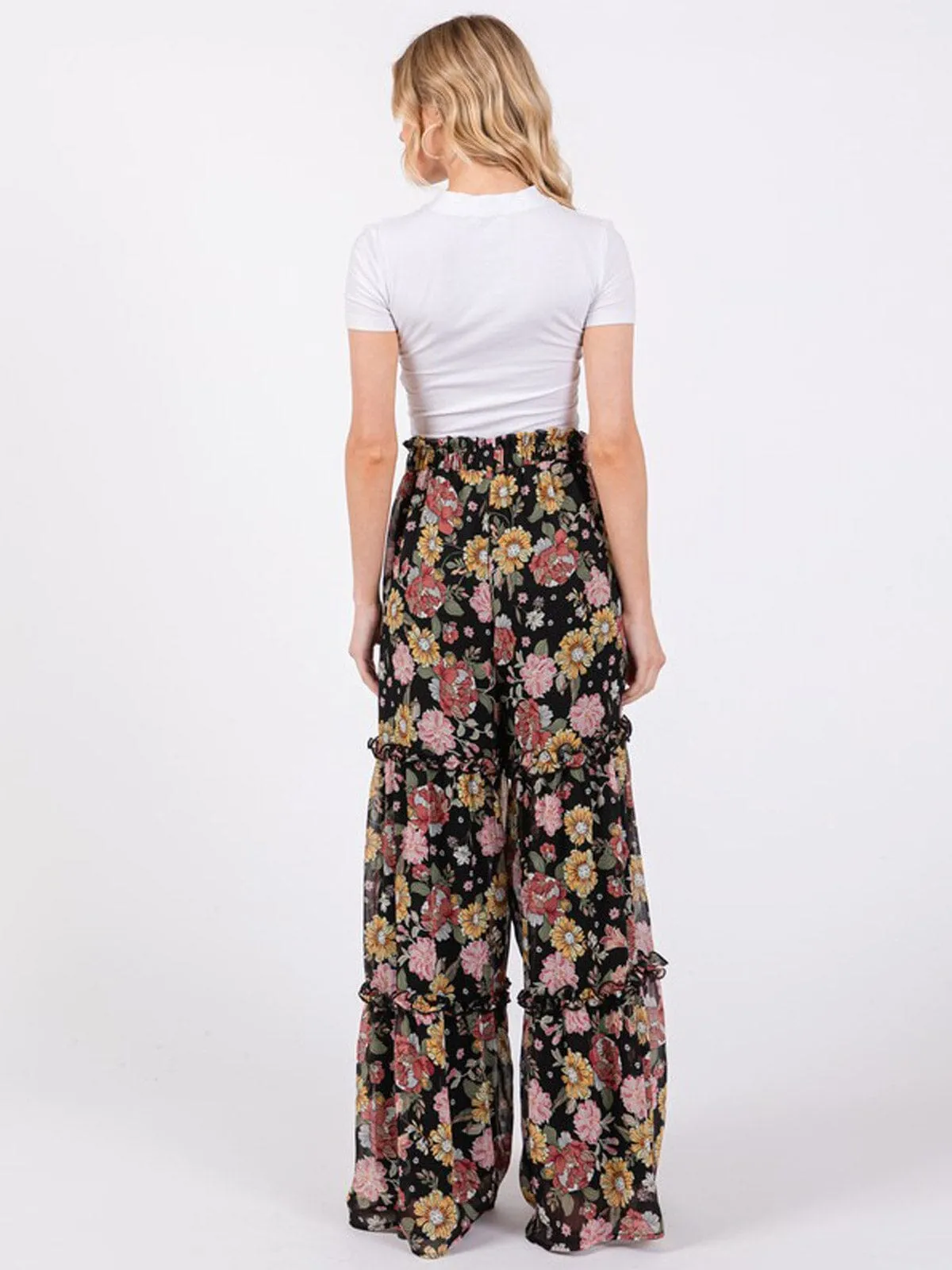 WOMEN'S ELASTIC WAIST TIERED WIDE LEG FLORAL PANTS