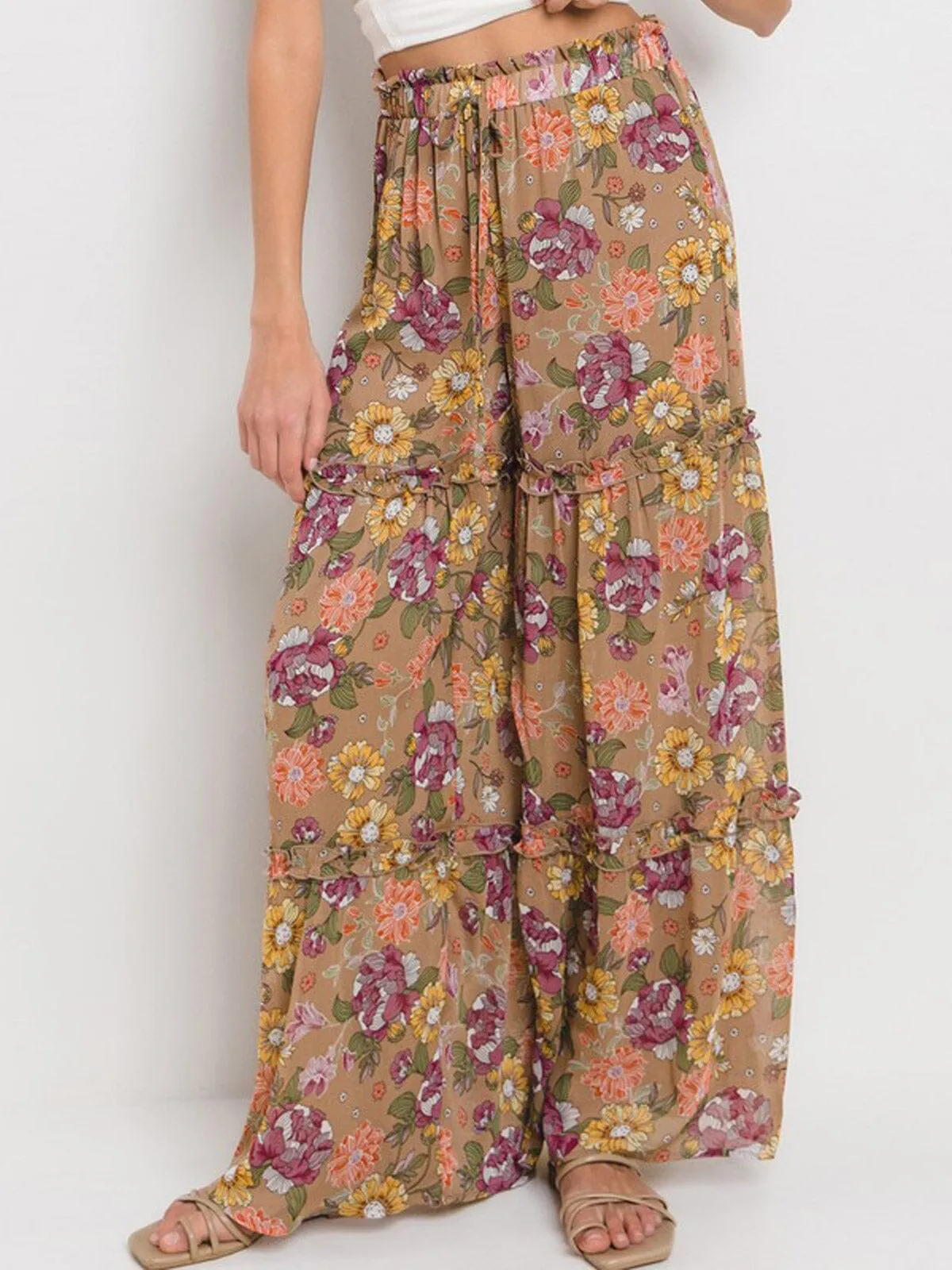 WOMEN'S ELASTIC WAIST TIERED WIDE LEG FLORAL PANTS