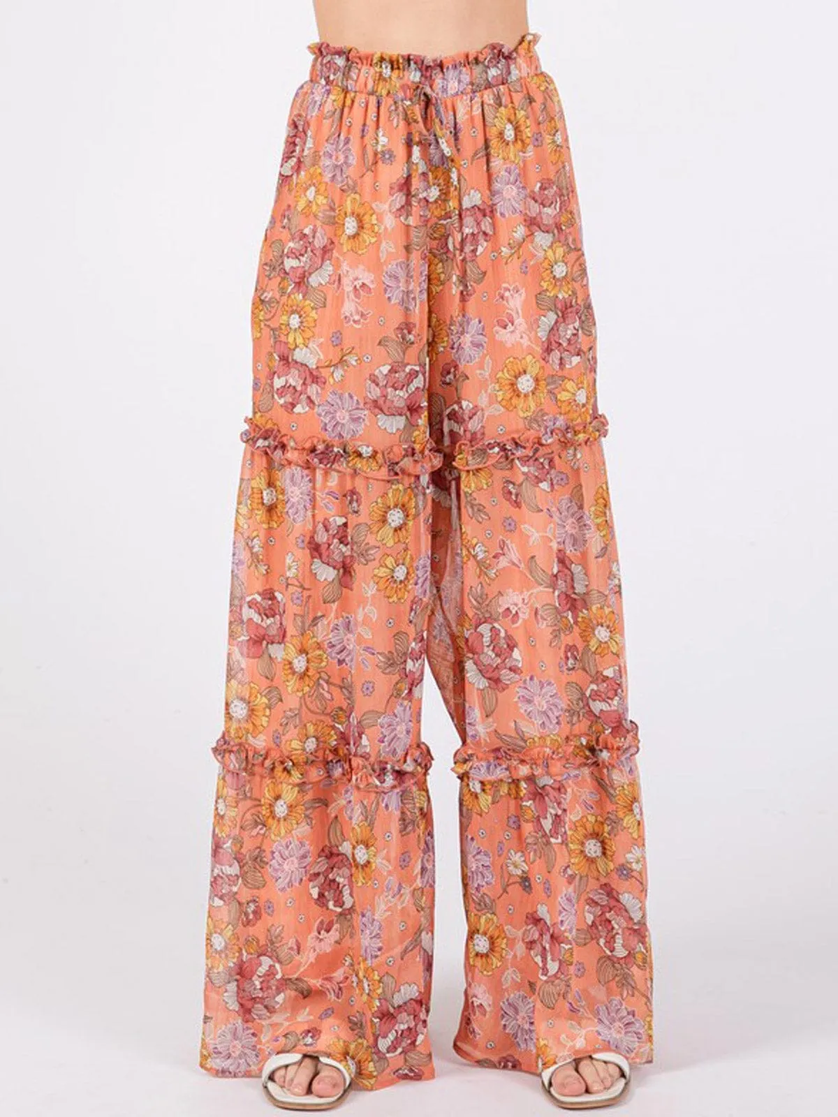 WOMEN'S ELASTIC WAIST TIERED WIDE LEG FLORAL PANTS