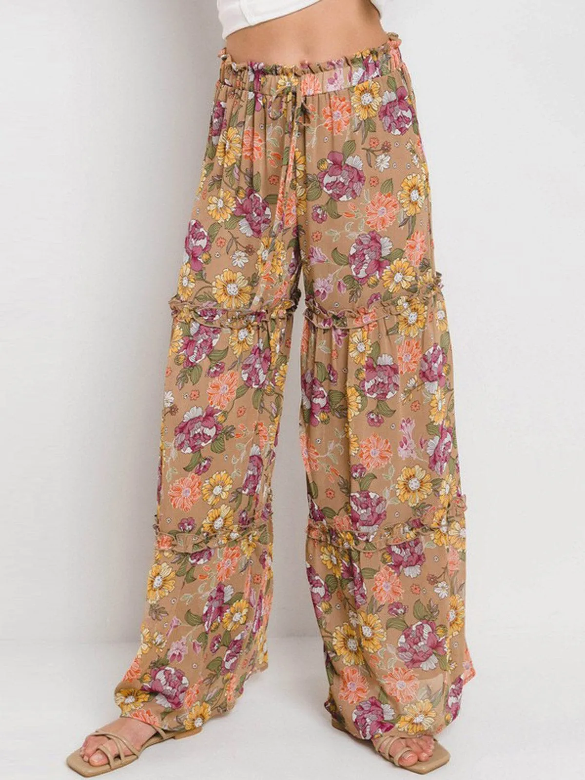 WOMEN'S ELASTIC WAIST TIERED WIDE LEG FLORAL PANTS