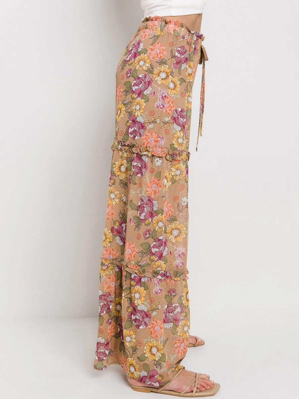 WOMEN'S ELASTIC WAIST TIERED WIDE LEG FLORAL PANTS