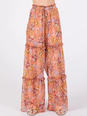 WOMEN'S ELASTIC WAIST TIERED WIDE LEG FLORAL PANTS