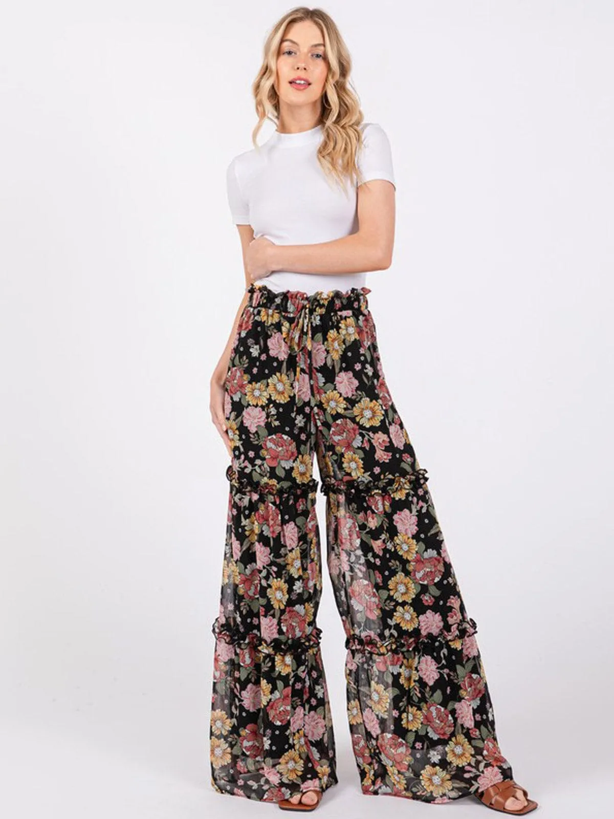 WOMEN'S ELASTIC WAIST TIERED WIDE LEG FLORAL PANTS