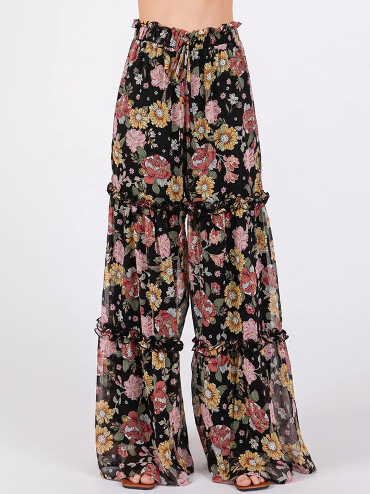 WOMEN'S ELASTIC WAIST TIERED WIDE LEG FLORAL PANTS