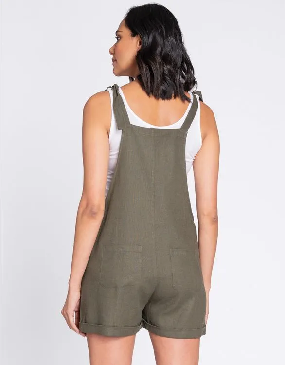 Women's Khaki Linen Maternity & Nursing shorts Romper with adjustable straps - Seraphine