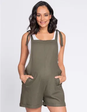 Women's Khaki Linen Maternity & Nursing shorts Romper with adjustable straps - Seraphine