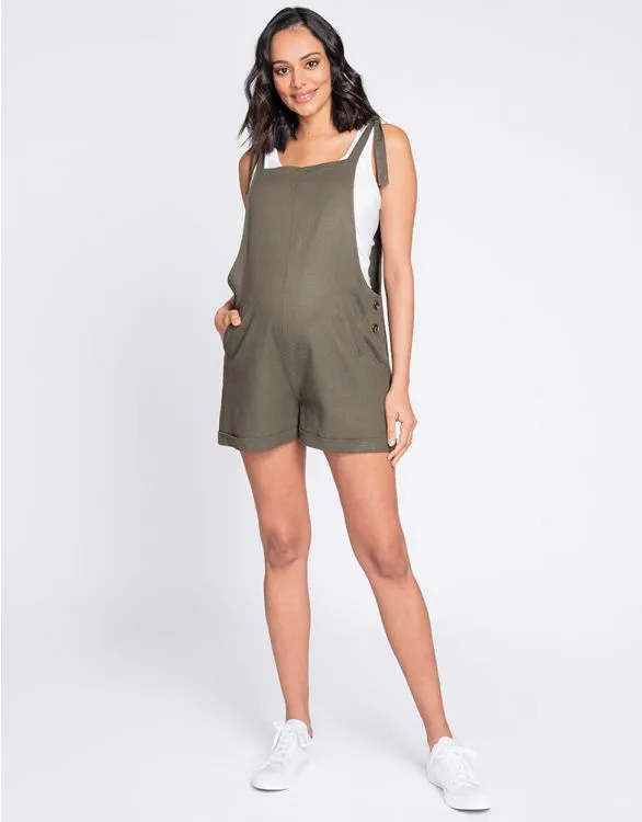 Women's Khaki Linen Maternity & Nursing shorts Romper with adjustable straps - Seraphine