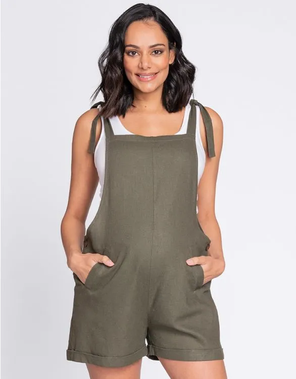 Women's Khaki Linen Maternity & Nursing shorts Romper with adjustable straps - Seraphine