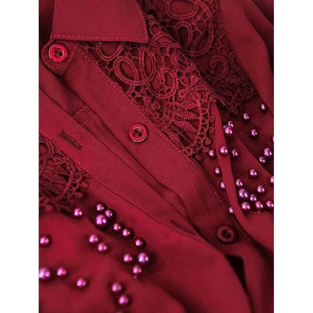 Women's Long Sleeve Button Up Beads Wine