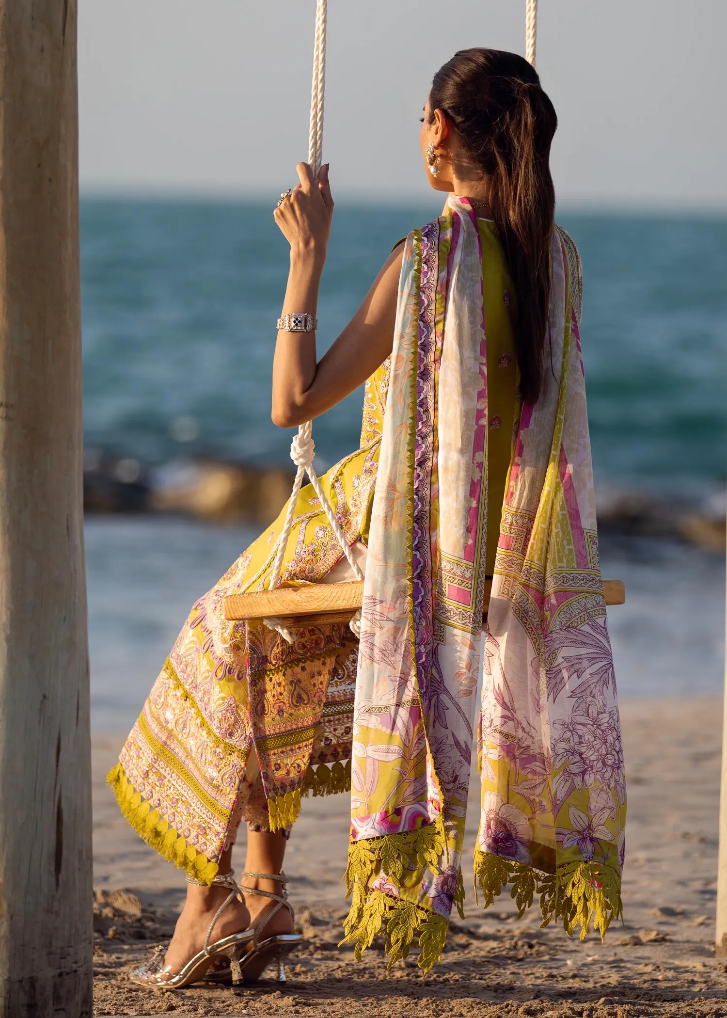 Yellow Lawn Kameez Capri Dupatta Pakistani Party Wear